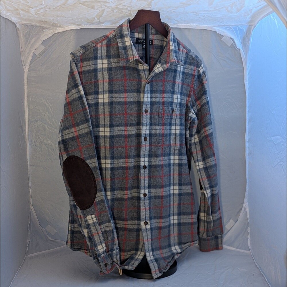 J Crew Mercantile Flex Plaid Flannel Shirt Elbow Patches Mens M